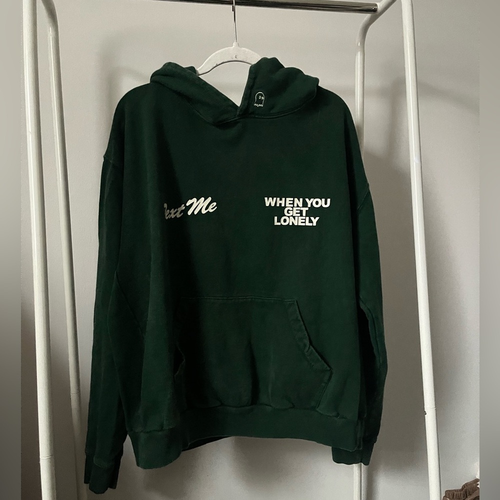 LONELY GHOST Dark Green Hoodie with Text Print